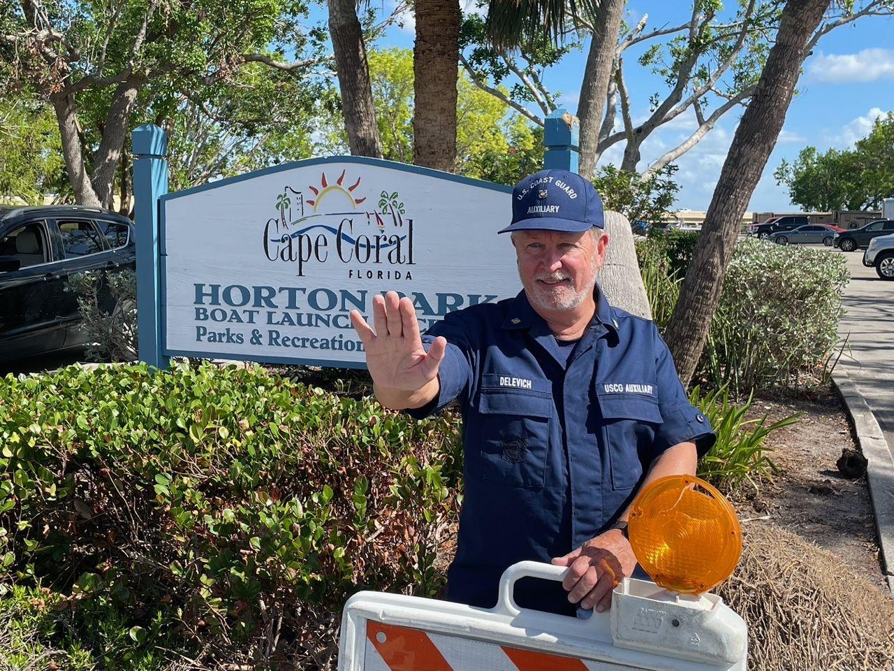 Auxiliarist Walter Delevich on gate duty at Horton Park, Station Ft. Myers Beach’s temporary home after Hurricane Ian reigned havoc upon its more permanent quarters on September 28, 2022